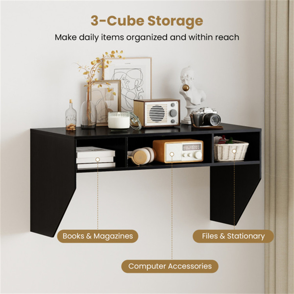 黑色壁挂式浮动电脑桌，带3-Cube存储空间，坚固的木制工作站，适合家庭办公-7