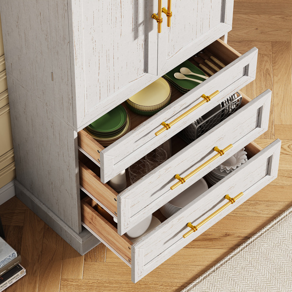 78.2英寸高乡村风格厨房储物柜，配有8个门内置物架、3个可调节搁板和3个大抽屉，多功能储物柜，适用于厨房、餐厅和浴室，复古白色。-12