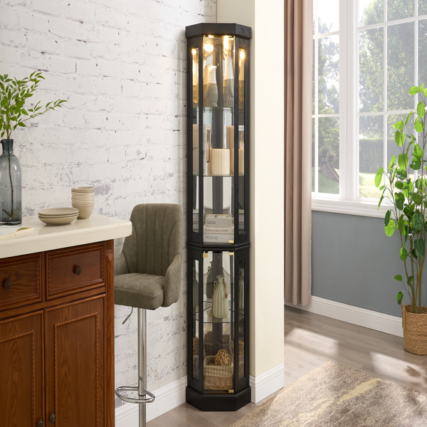 带照明的转角展示柜 - 适用于客厅、展示古董收藏品、存放葡萄酒和酒杯 - 优雅的转角设计，内置照明灯 - 黑色-27