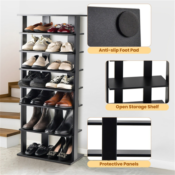 7层双排鞋架，带可调节架子，入口壁橱的防倾斜窄储物架-黑色-8