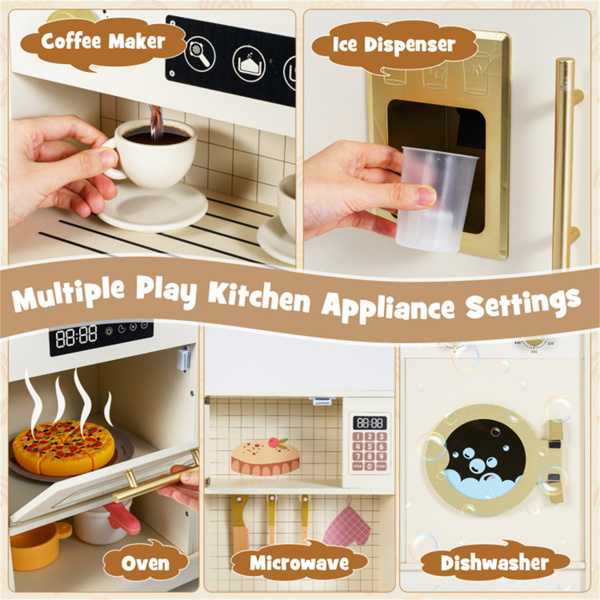 米色木制儿童游戏厨房，带可旋转水龙头和14个配件，幼儿假装烹饪套装3+-13