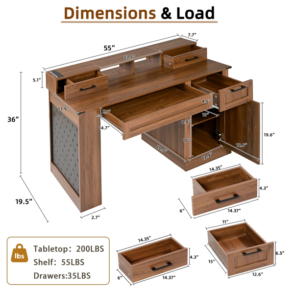 55英寸农舍风格办公桌，带储物柜和充电站，谷仓门设计电脑书桌，配备键盘托盘、显示器支架和洞洞板，适用于书房、客厅、家庭办公室，深胡桃木色。-11