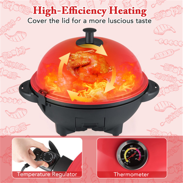 红色1200W双区烹饪电动烧烤炉，2合1独立式台面烧烤炉，可供6-10人使用-7