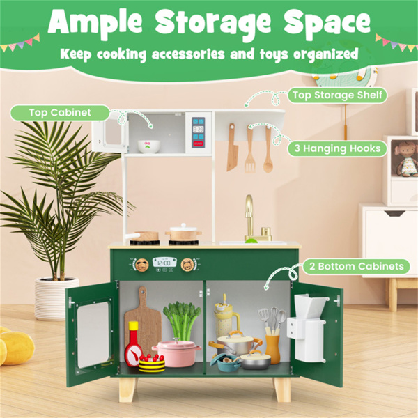 绿色儿童游戏厨房，配有逼真的水龙头和制冰机，适合3-6岁儿童的防倾倒假装烹饪套装-9