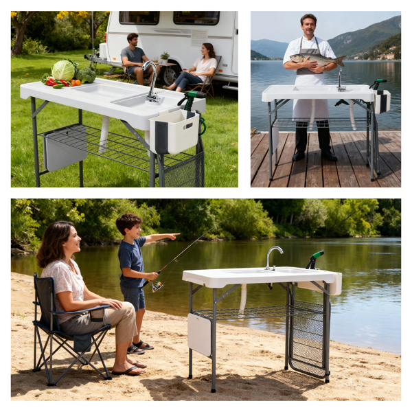 108*58*92cm 带69*42*76cm拓展网架  可折叠 白色 户外杀鱼桌 HDPE 长方形 带折叠水龙头 喷枪套件 折叠垃圾桶 铁丝网架-16