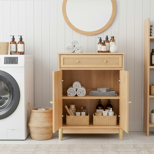 原木色   刨花板三胺贴面带藤面 60*30*80cm 1抽2门 浴室立柜-6