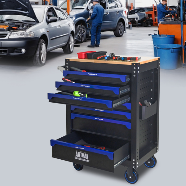 30英寸7抽屉木质台面实用型带轮钢制工具车，配有把手和轮子，适用于车库、仓库、维修店等场所的储物柜，工具车需自行组装 - 黑蓝色-6