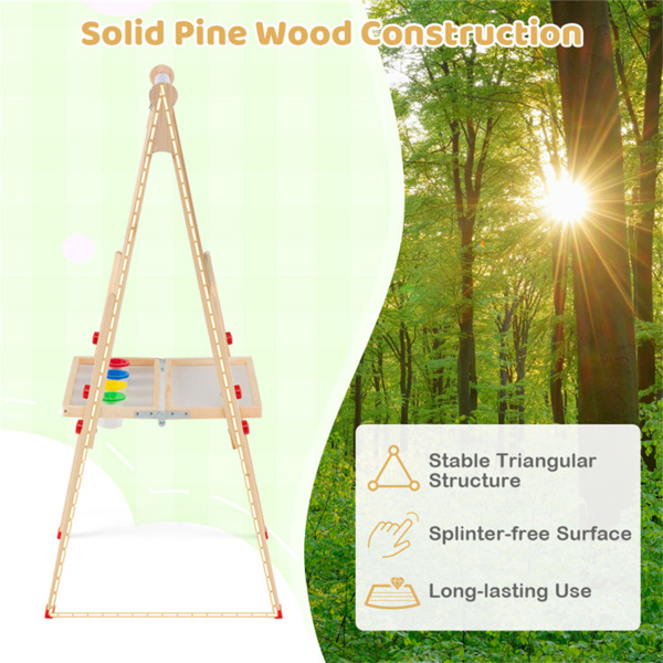 天然松木三合一儿童艺术架，带磁性白板和黑板，可调节高度可折叠画板，适合3-14岁儿童-10