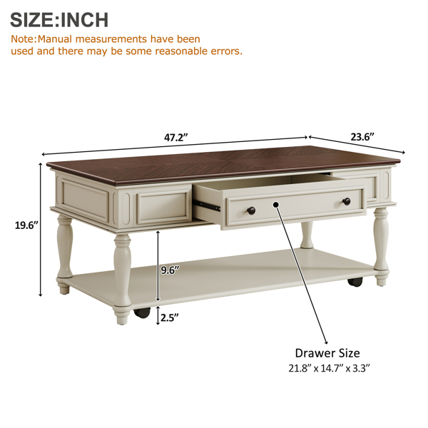 农舍风格咖啡桌，带一个抽屉，易于组装，复古可移动长方形鸡尾酒桌，带锁定轮，乡村风格中心桌，实木桌腿，适用于客厅，胡桃木色+白色--不支持self-pick up-12
