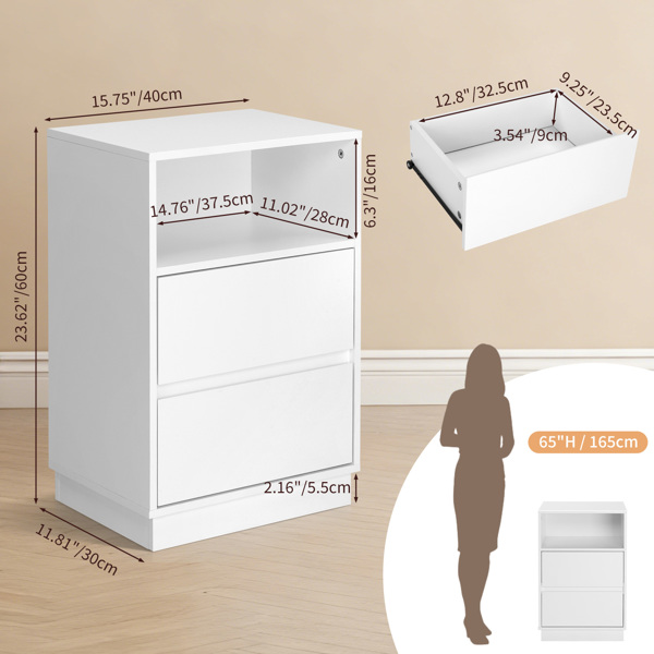 白色 P2刨花板 贴麻面三胺 抽屉斜封边 40*30*60cm 两抽带上隔层 床头柜 1PC-5