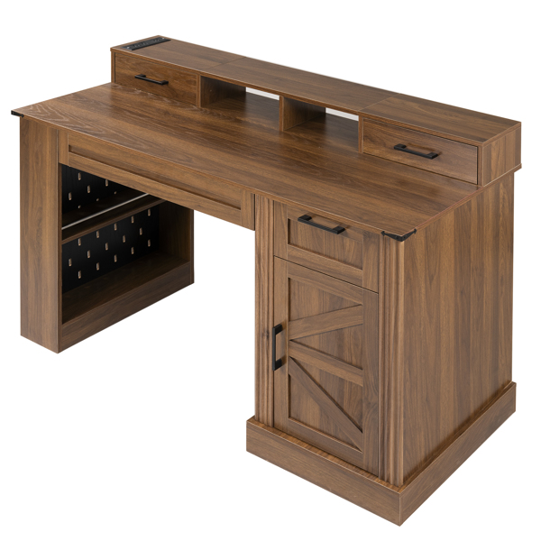 55英寸农舍风格办公桌，带储物柜和充电站，谷仓门设计电脑书桌，配备键盘托盘、显示器支架和洞洞板，适用于书房、客厅、家庭办公室，深胡桃木色。-12