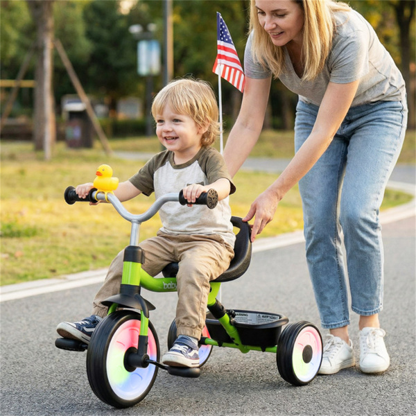 彩虹LED车轮幼儿三轮车、碳钢框架可折叠三合一平衡自行车、可拆卸踏板和后储物篮-绿色-7