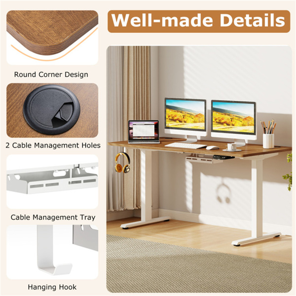 胡桃木桌面白色框架55英寸电动立式办公桌，带双电机，3种记忆设置，适合家庭办公-10