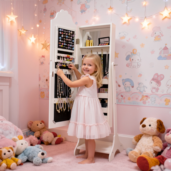 白色 爱心元素 密度板 喷漆 1门1层架 儿童饰品镜柜-9