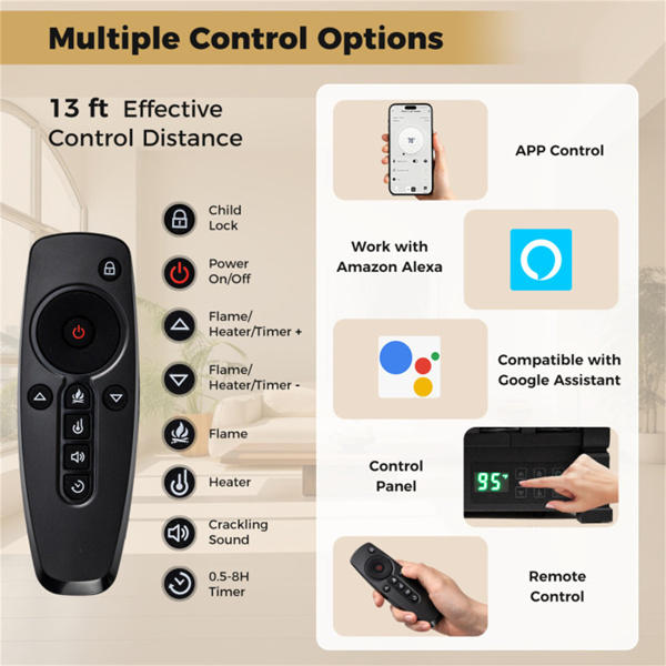 26英寸智能电壁炉原木套装-兼容Alexa/谷歌，5种火焰颜色和1500W加热器-5