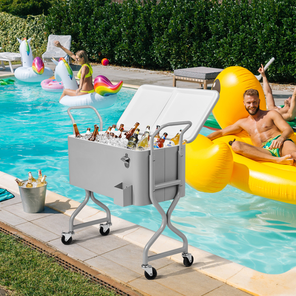 80QT  银灰色  麻花设计腿型 单边上下翻盖  冷冻保温推车  106X39X91.5cm  长方形  铁  不带托盘 带排水管-3