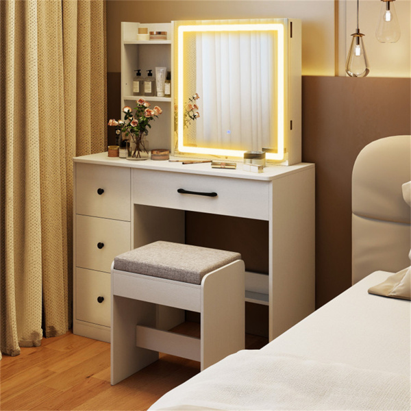白色梳妆台和凳子套装，带滑动镜和3模式LED灯带，防倾倒梳妆台，储物空间充足-11