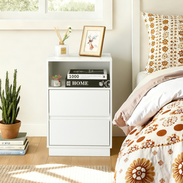 白色 P2刨花板 贴麻面三胺 抽屉斜封边 40*30*60cm 两抽带上隔层 床头柜 1PC-7