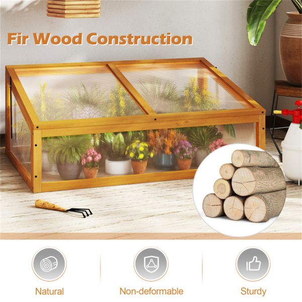 37英寸x25英寸x16英寸木制冷架温室，带可调节聚碳酸酯屋顶，便携式迷你温室，可延长生长季节-6