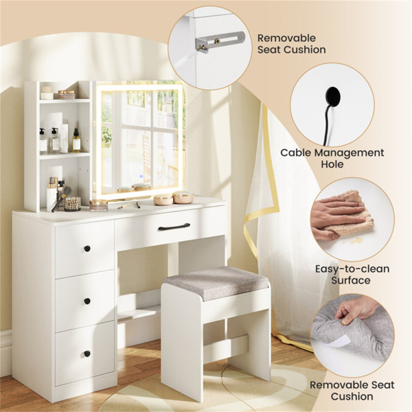 白色梳妆台和凳子套装，带滑动镜和3模式LED灯带，防倾倒梳妆台，储物空间充足-8