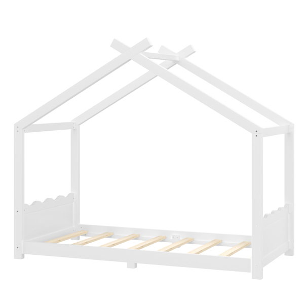 双人房型落地床，带支撑板条，实木儿童房床架，无需弹簧床垫，开放式结构，白色-8