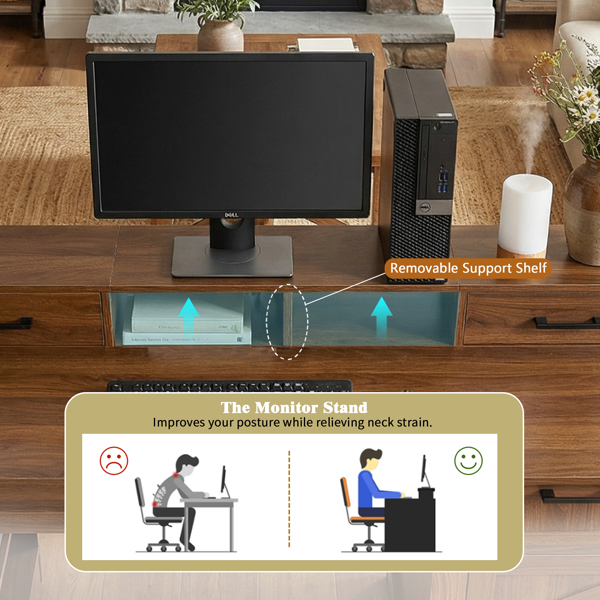 55英寸农舍风格办公桌，带储物柜和充电站，谷仓门设计电脑书桌，配备键盘托盘、显示器支架和洞洞板，适用于书房、客厅、家庭办公室，深胡桃木色。-15