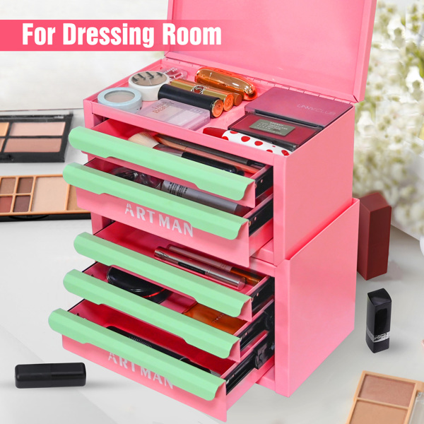 抽屉式桌面收纳盒，办公工作站整理神器，办公文具收纳架，化妆品收纳柜——【粉绿色，2层+3层】-1