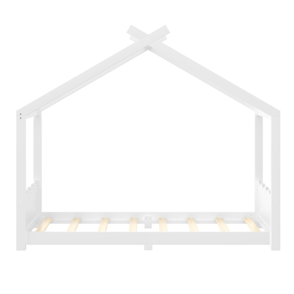 双人房型落地床，带支撑板条，实木儿童房床架，无需弹簧床垫，开放式结构，白色-10