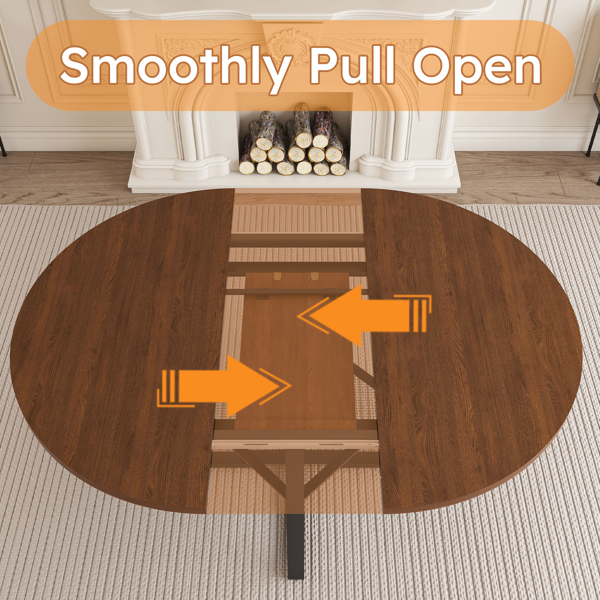 47英寸可伸缩圆形餐桌，适合4-8人使用，带储物功能，胡桃木饰面，金属框架，加厚桌面，多功能厨房客厅两用桌。-19