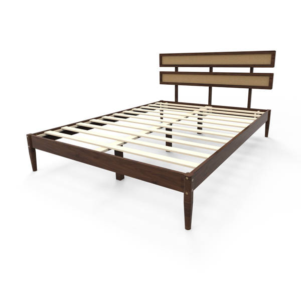 深胡桃木 油漆面+藤编 松木 双床头 Queen 木床  波西米亚风 XP000470102-13