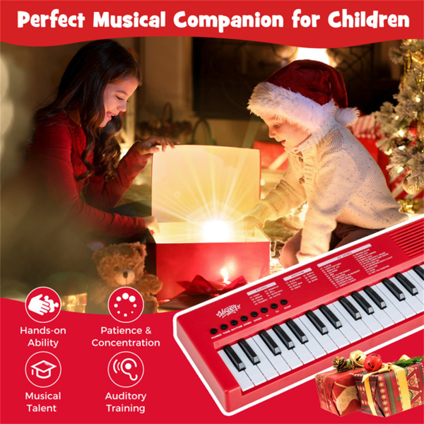 红色37键儿童电子键盘，带麦克风，8个音调和8个节奏钢琴玩具，适合3岁儿童+-12