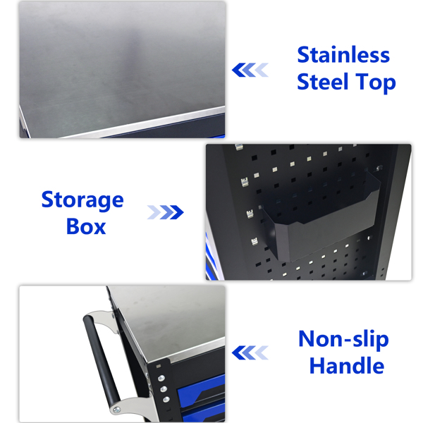 30英寸7抽屉铁质台面实用滚动钢制工具车，带把手和轮子，适用于车库、仓库、修理店等场所的储物柜，工具车需自行组装 - 黑蓝色-9