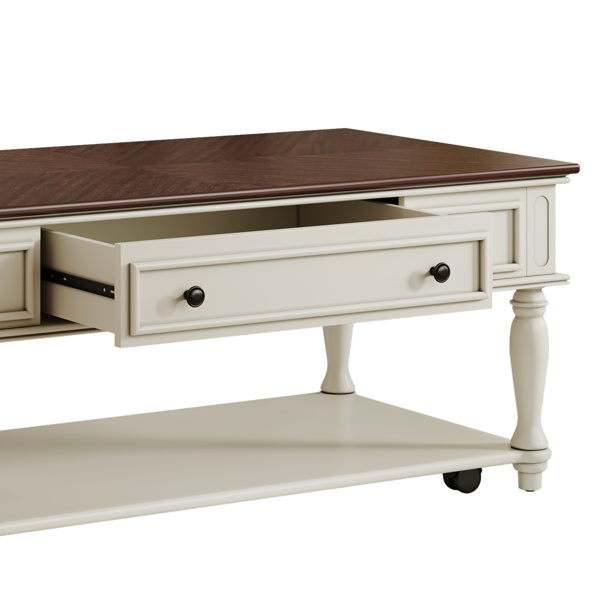 农舍风格咖啡桌，带一个抽屉，易于组装，复古可移动长方形鸡尾酒桌，带锁定轮，乡村风格中心桌，实木桌腿，适用于客厅，胡桃木色+白色--不支持self-pick up-8