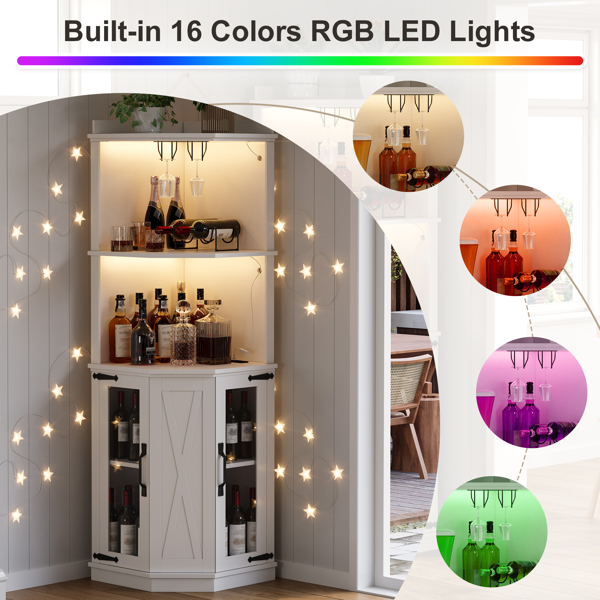 67.3英寸转角吧台柜，带电源插座，乡村风格酒柜，带可调节搁板，适用于家庭、餐厅、客厅、厨房，配备照明灯和酒杯架。-18