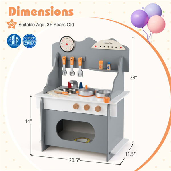 灰色木制幼儿游戏厨房，带水槽和配件，儿童安全礼物3+-4