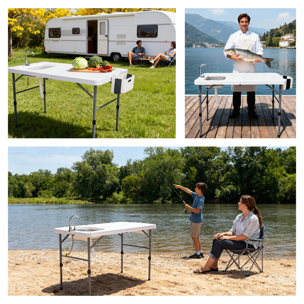 127*68.5*91.5cm 可对折 白色 户外杀鱼桌 HDPE 长方形 带折叠水龙头 折叠垃圾桶 折叠水槽 收纳袋-14