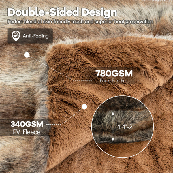 棕色灰褐色780GSM假狐皮毯60“x80”双面PV羊毛衬里毯-10