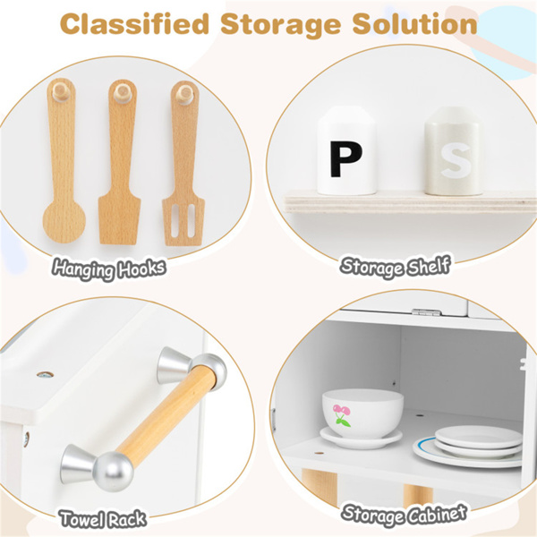 白色儿童游戏厨房，配有逼真的水龙头和制冰机，适合3-6岁儿童的防倾倒假装烹饪套装-6