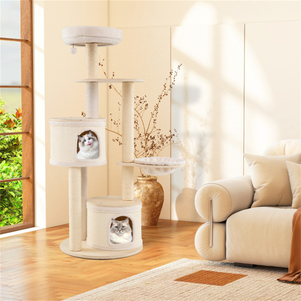 60英寸高的木制猫树多层猫塔，带剑麻抓杆和室内猫公寓，天然-8