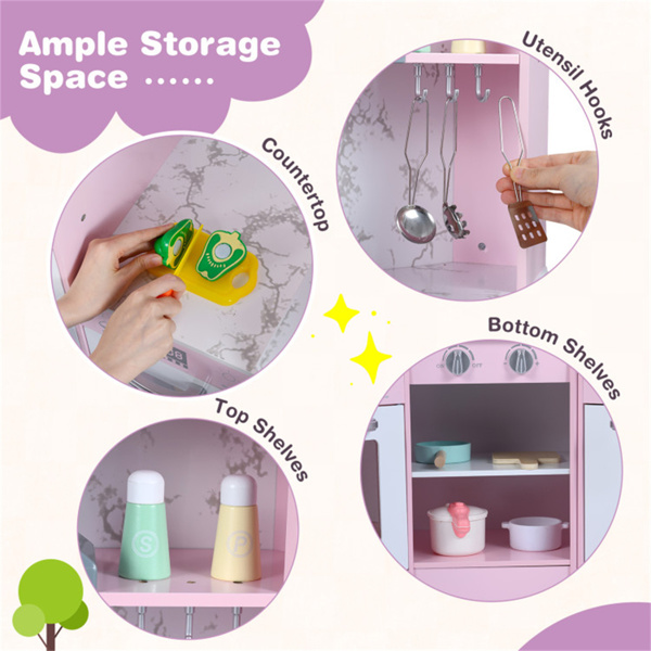 带制冰机和黑板的互动儿童游戏厨房，角落设计，带有逼真音效的假装烹饪套装-粉色-9