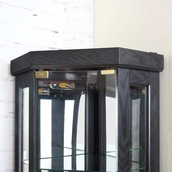 带照明的转角展示柜 - 适用于客厅、展示古董收藏品、存放葡萄酒和酒杯 - 优雅的转角设计，内置照明灯 - 黑色-23