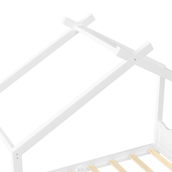 双人房型落地床，带支撑板条，实木儿童房床架，无需弹簧床垫，开放式结构，白色-9
