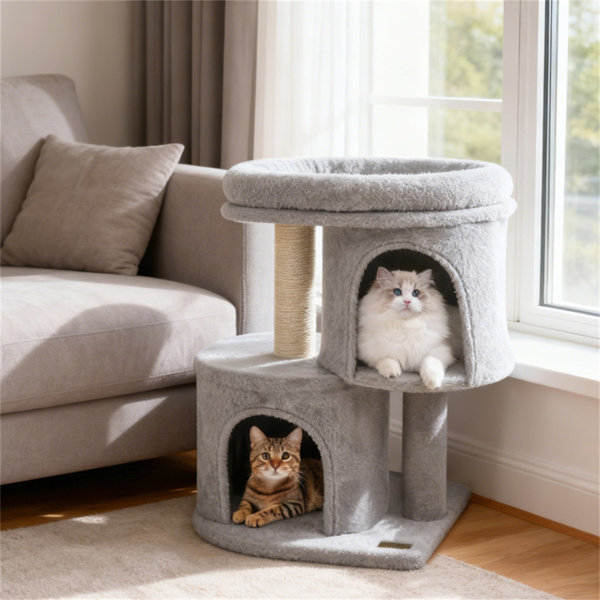26英寸紧凑型猫树，带2个公寓和剑麻抓杆，小空间防倾猫塔-浅灰色-6