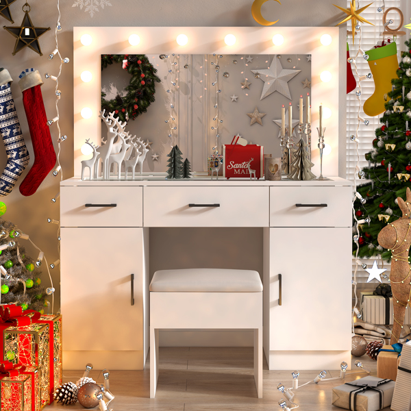 白色 麻面刨花板贴三胺 3抽2门 梳妆桌套装 带12粒三色调光灯泡 排插 玻璃桌面-11