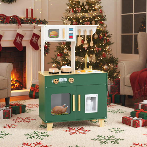 绿色儿童游戏厨房，配有逼真的水龙头和制冰机，适合3-6岁儿童的防倾倒假装烹饪套装-11