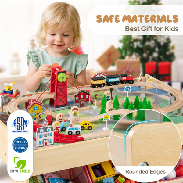 儿童木制火车桌，带94件配件，2个可逆桌面和3个3岁儿童织物储物抽屉+-9