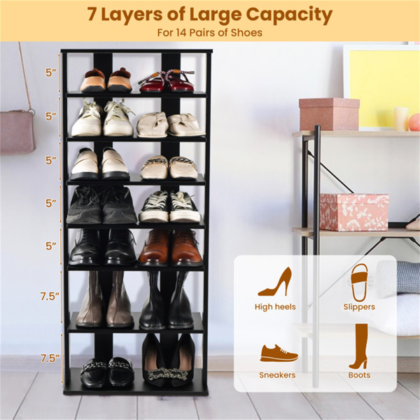 7层双排鞋架，带可调节架子，入口壁橱的防倾斜窄储物架-黑色-7
