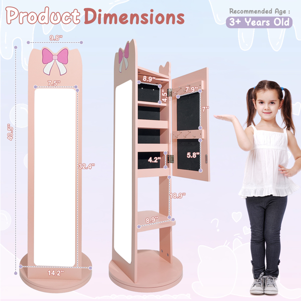 粉色 蝴蝶结元素 密度板 喷漆 1门1层架 底部可旋转 儿童饰品镜柜-12
