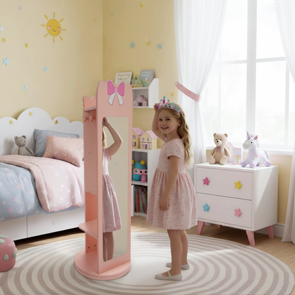 粉色 蝴蝶结元素 密度板 喷漆 1门1层架 底部可旋转 儿童饰品镜柜-16