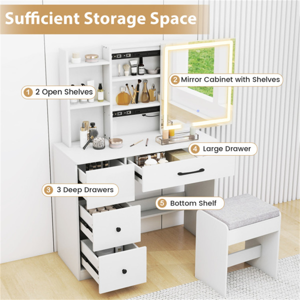 白色梳妆台和凳子套装，带滑动镜和3模式LED灯带，防倾倒梳妆台，储物空间充足-10